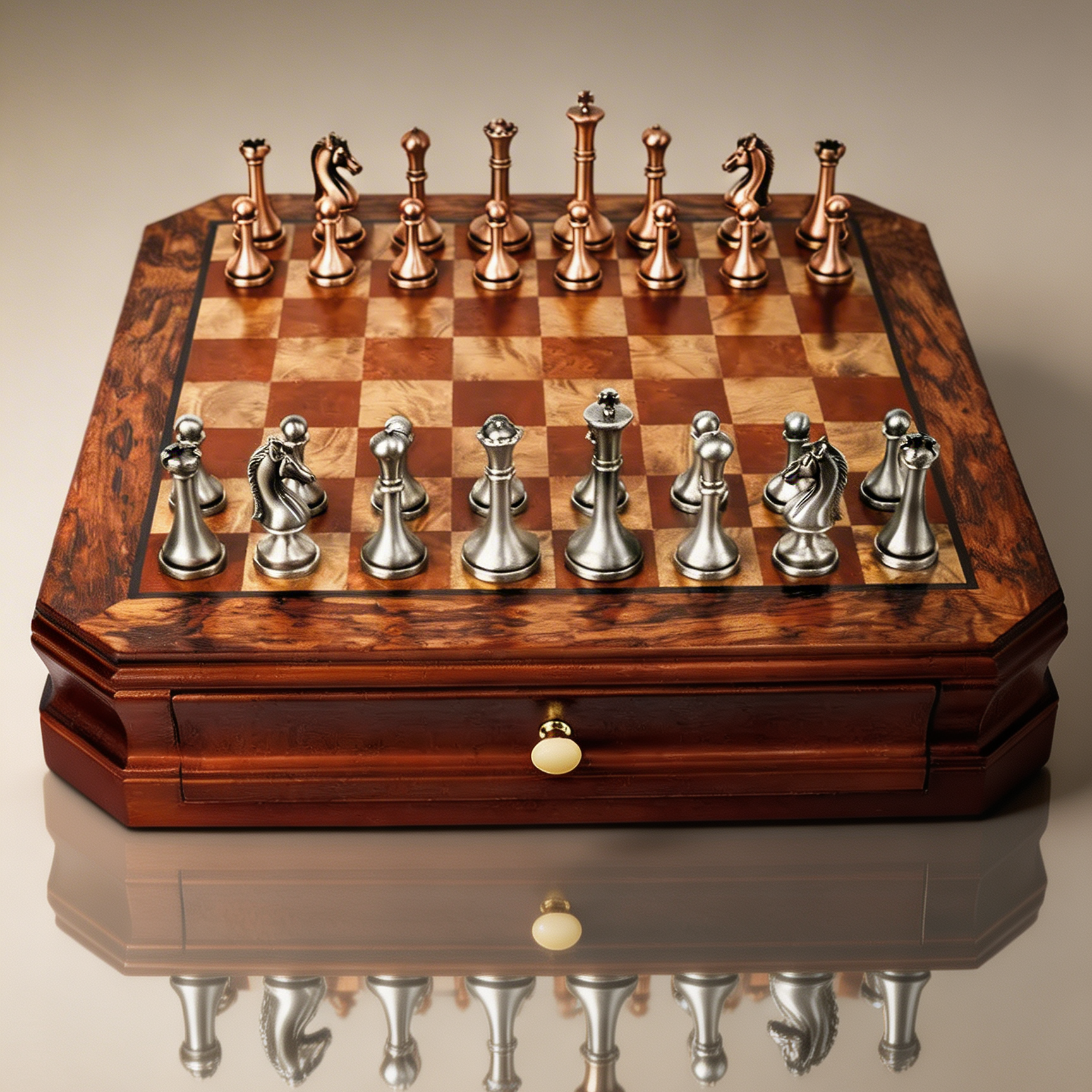 Jeu d'échecs tiroirs en bois d'Acajou et pièces en métal vieilli