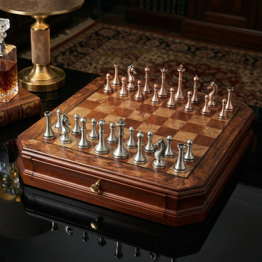 Jeu d'échecs tiroirs en bois d'Acajou et pièces en métal vieilli