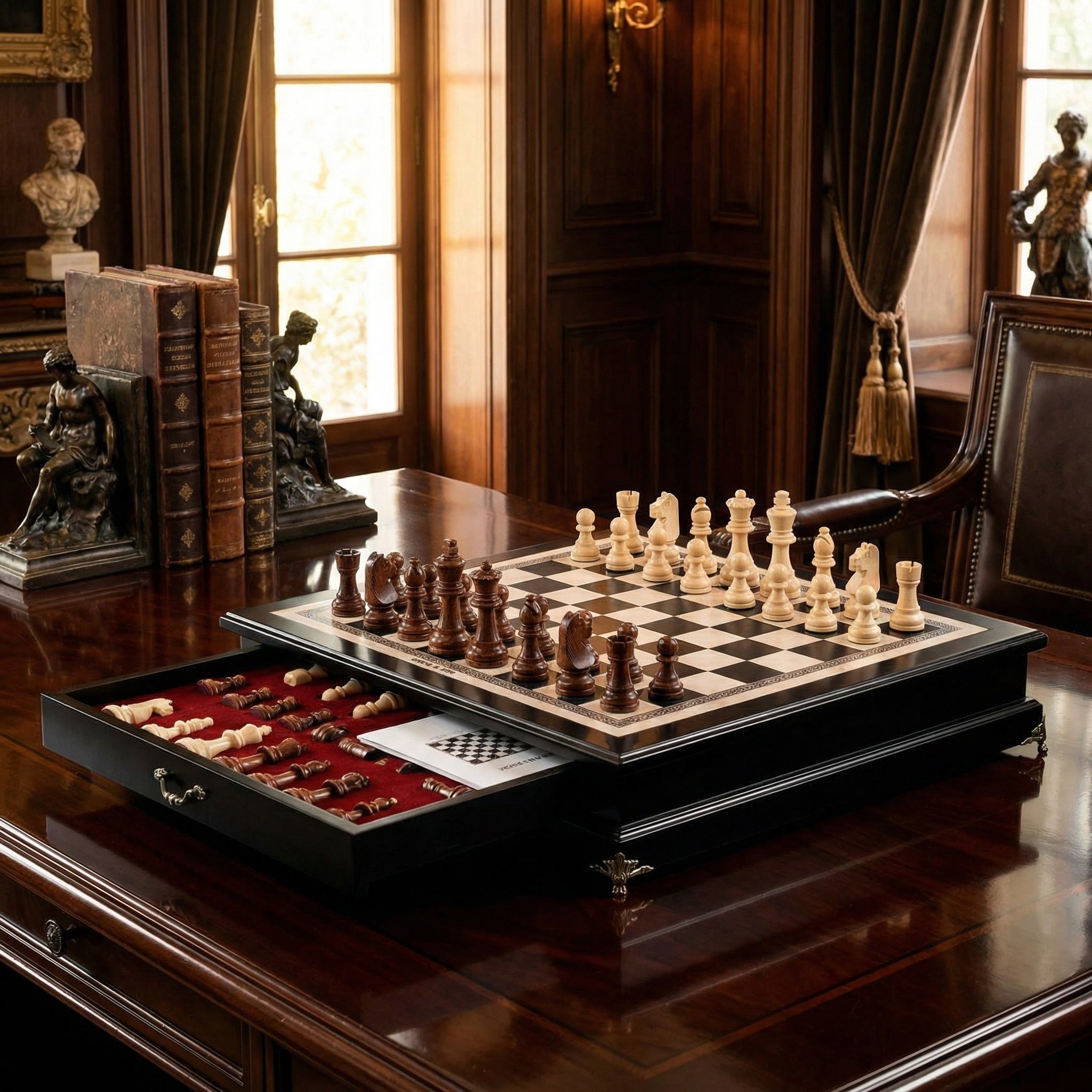 Jeu d'échecs avec tiroir en bois d'Olivier