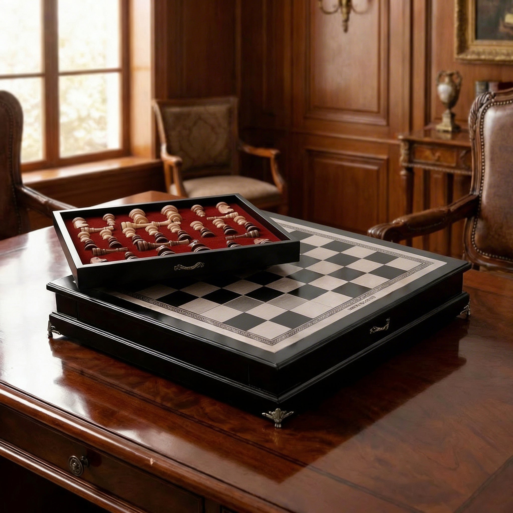 Jeu d'échecs avec tiroir en bois d'Olivier