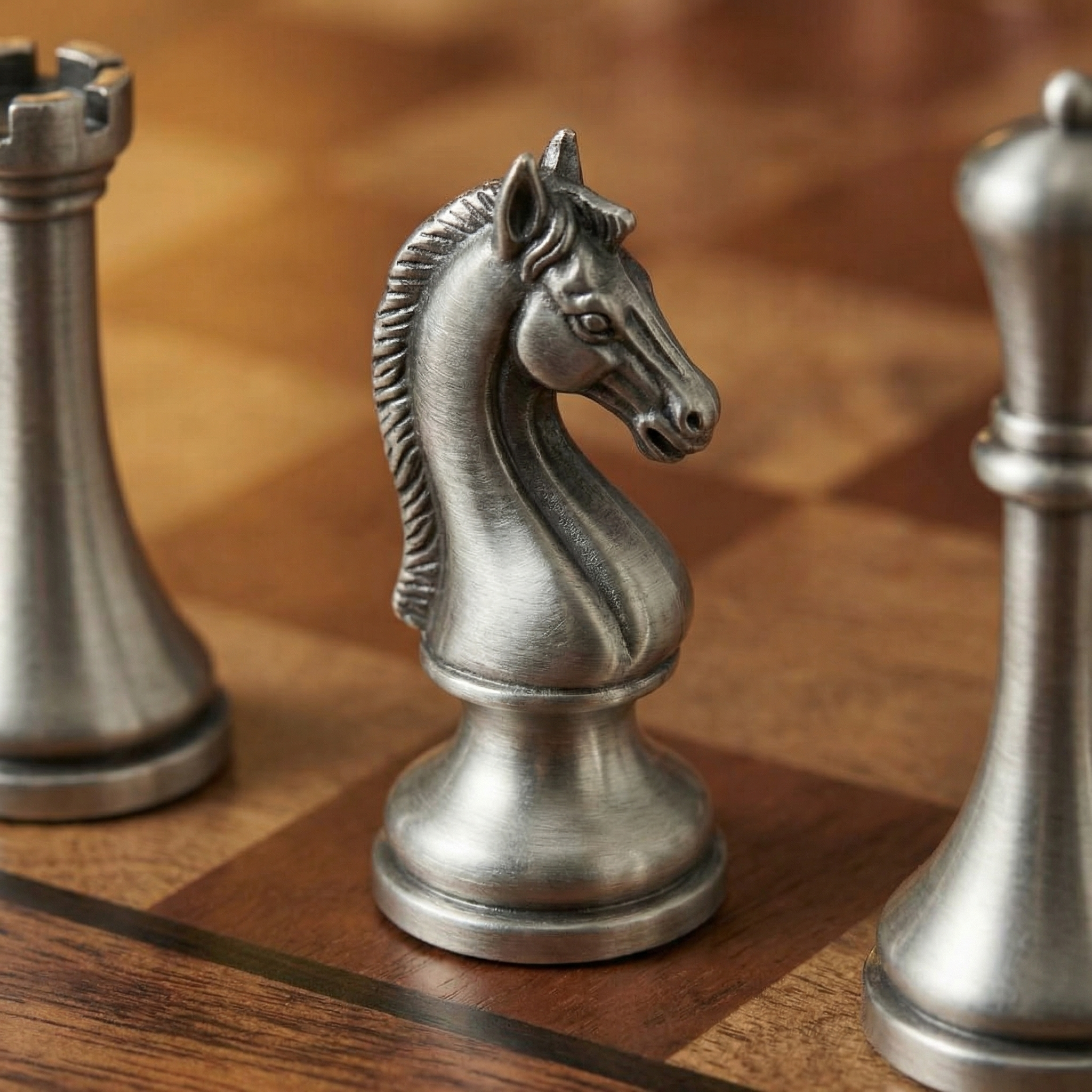 Jeu d'échecs tiroirs en bois d'Acajou et pièces en métal vieilli