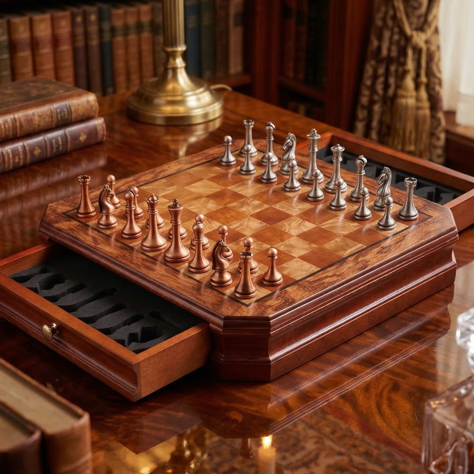 Jeu d'échecs tiroirs en bois d'Acajou et pièces en métal vieilli