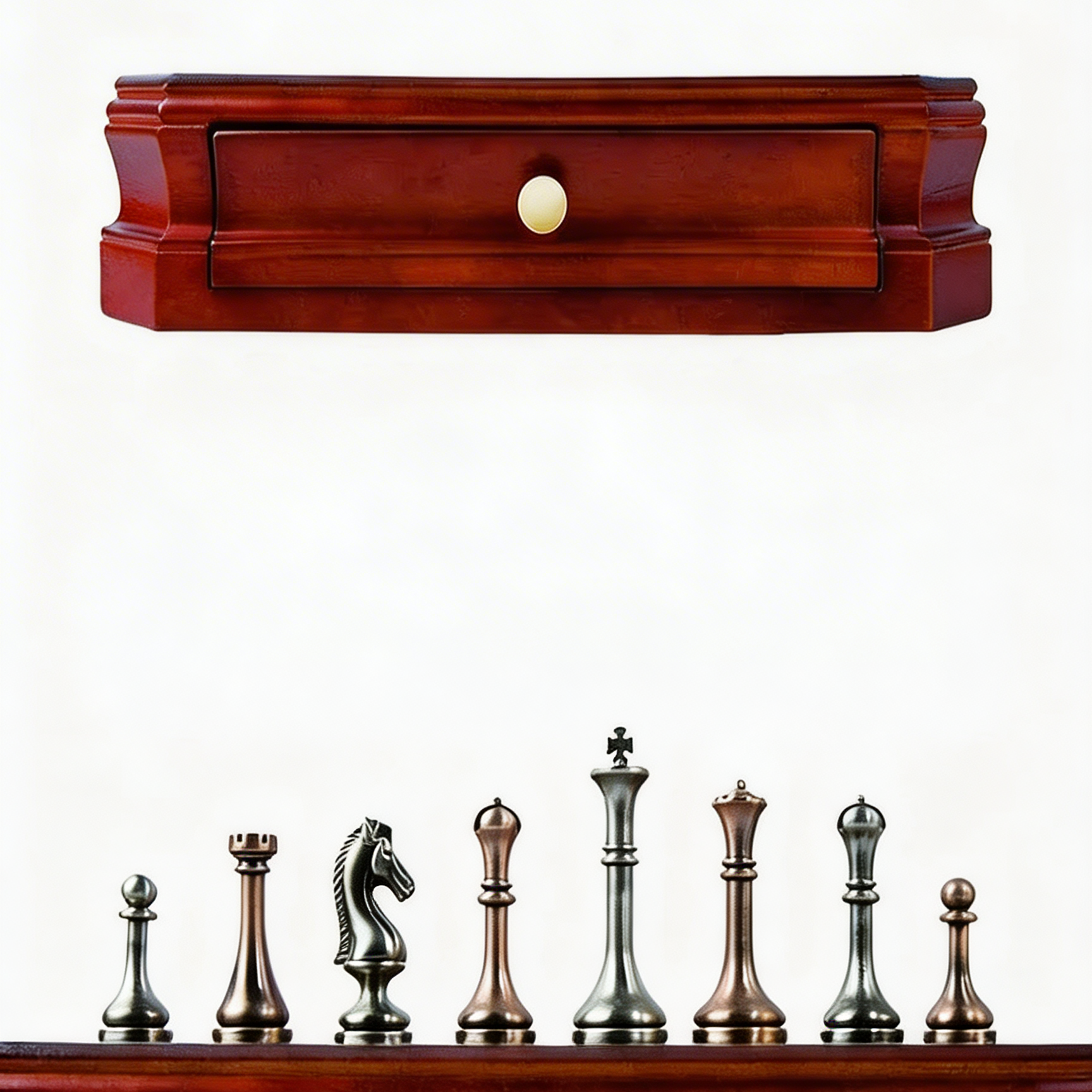 Jeu d'échecs tiroirs en bois d'Acajou et pièces en métal vieilli