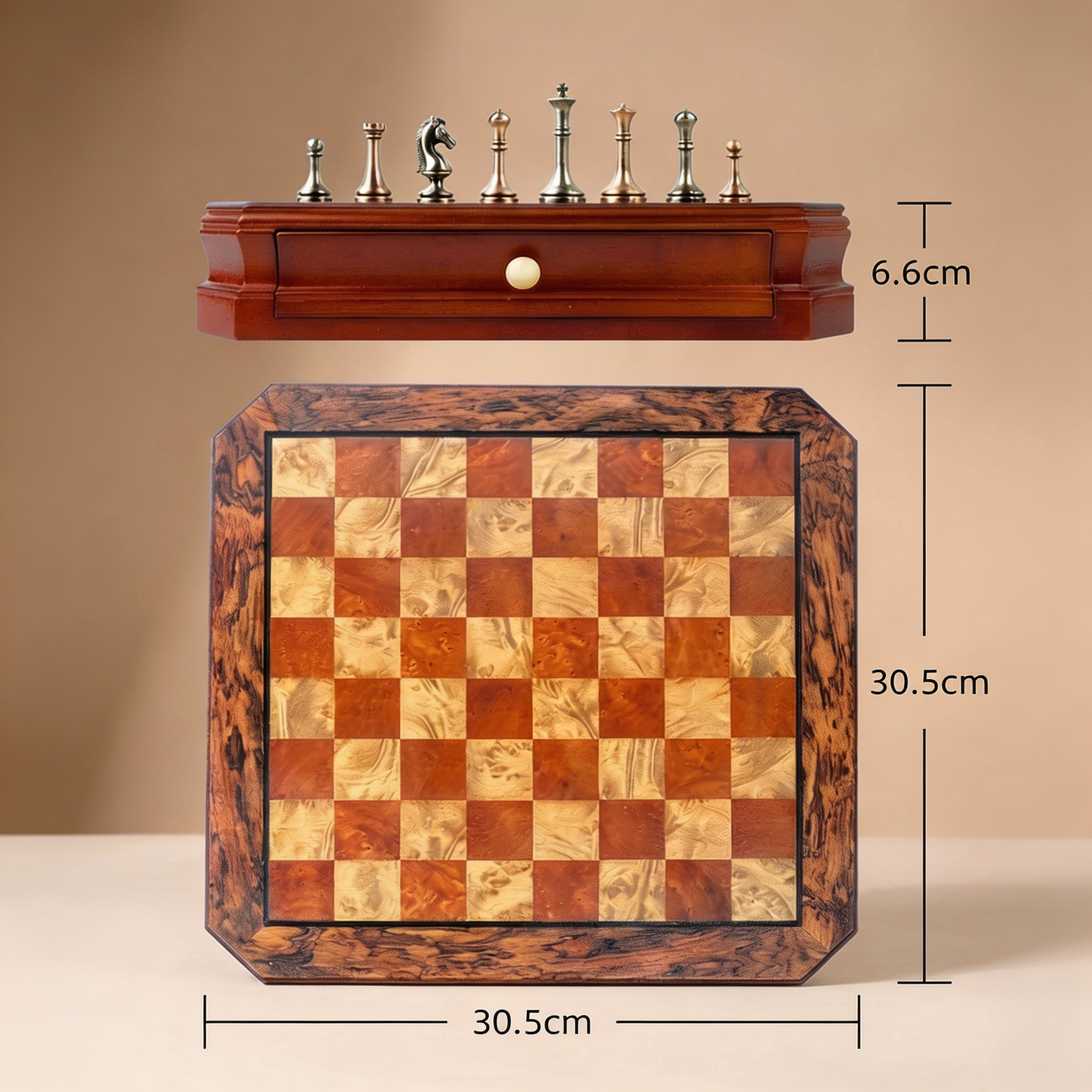 Jeu d'échecs tiroirs en bois d'Acajou et pièces en métal vieilli