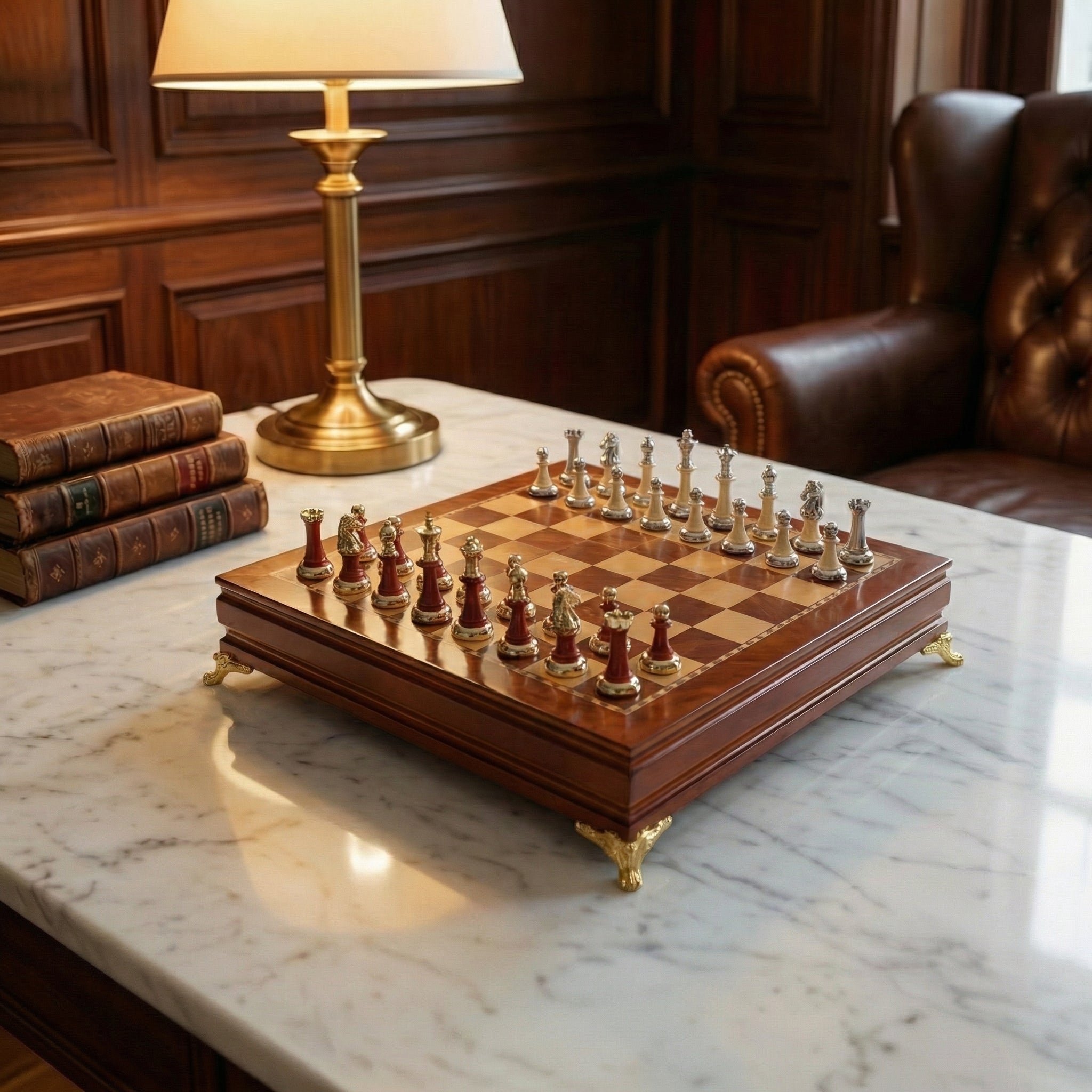 Jeu d'échecs en bois d'ébène avec rangement sous plateau