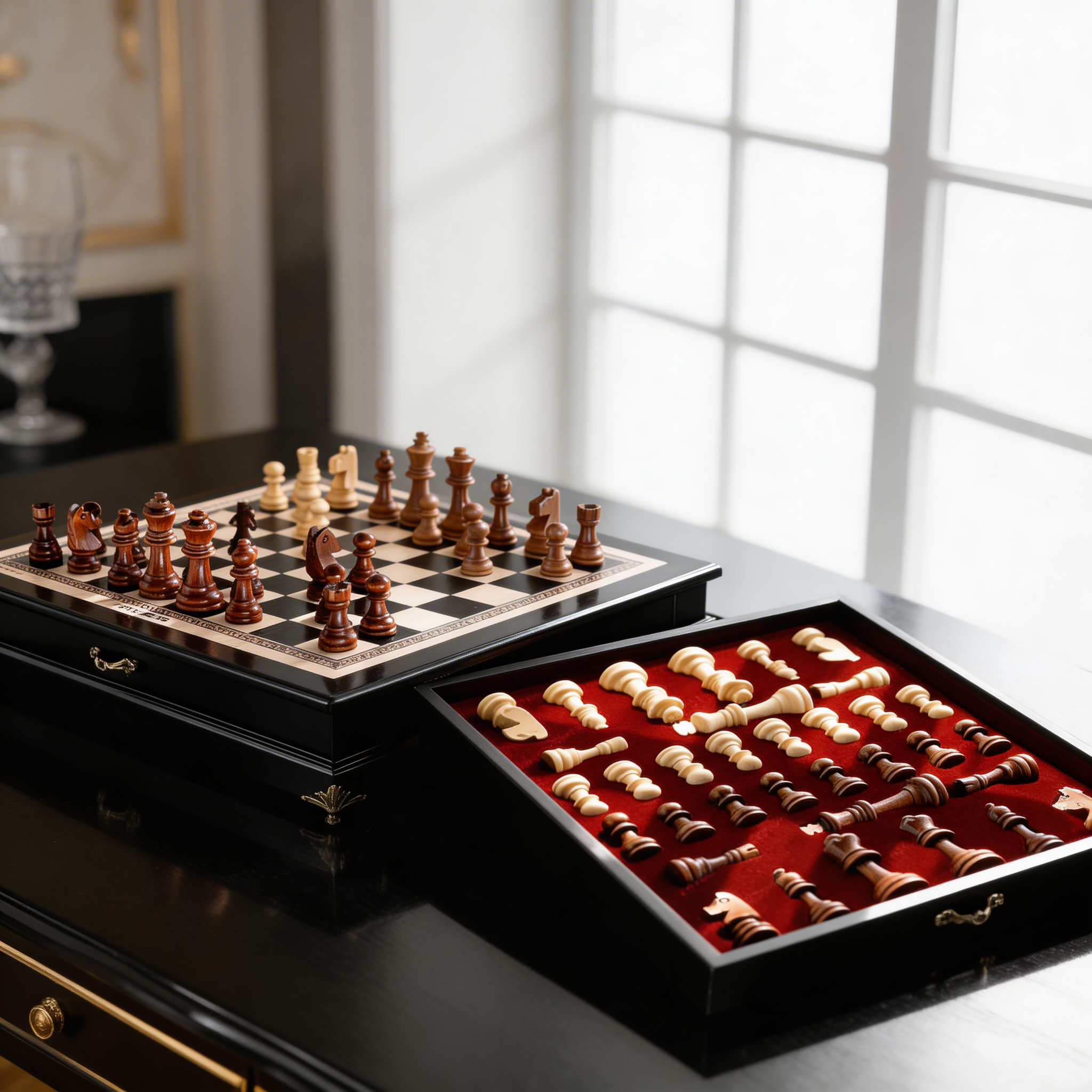Jeu d'échecs avec tiroir en bois d'Olivier