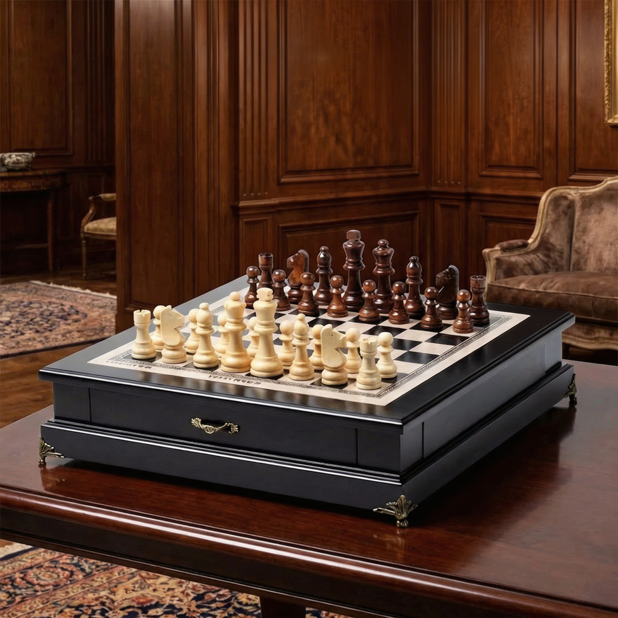 Jeu d'échecs avec tiroir en bois d'Olivier