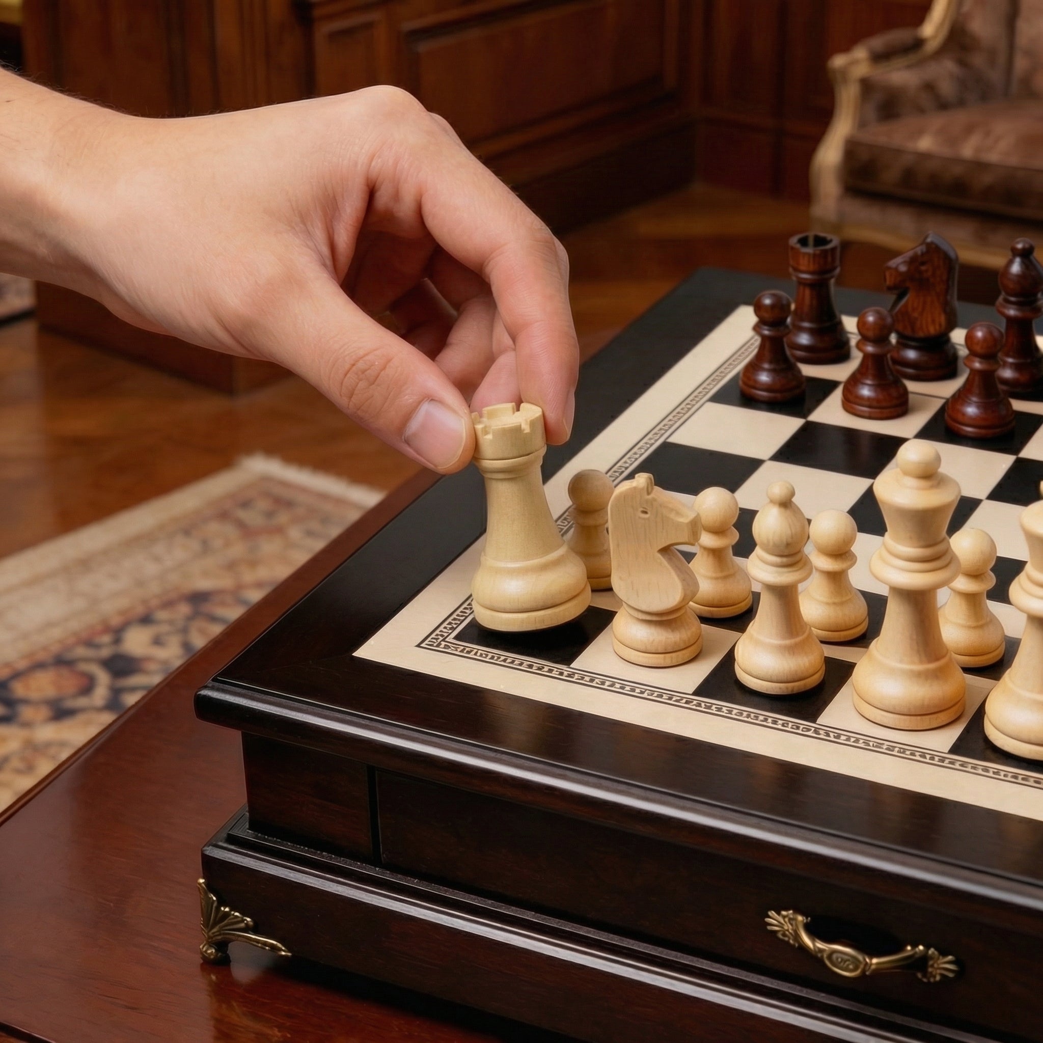 Jeu d'échecs avec tiroir en bois d'Olivier