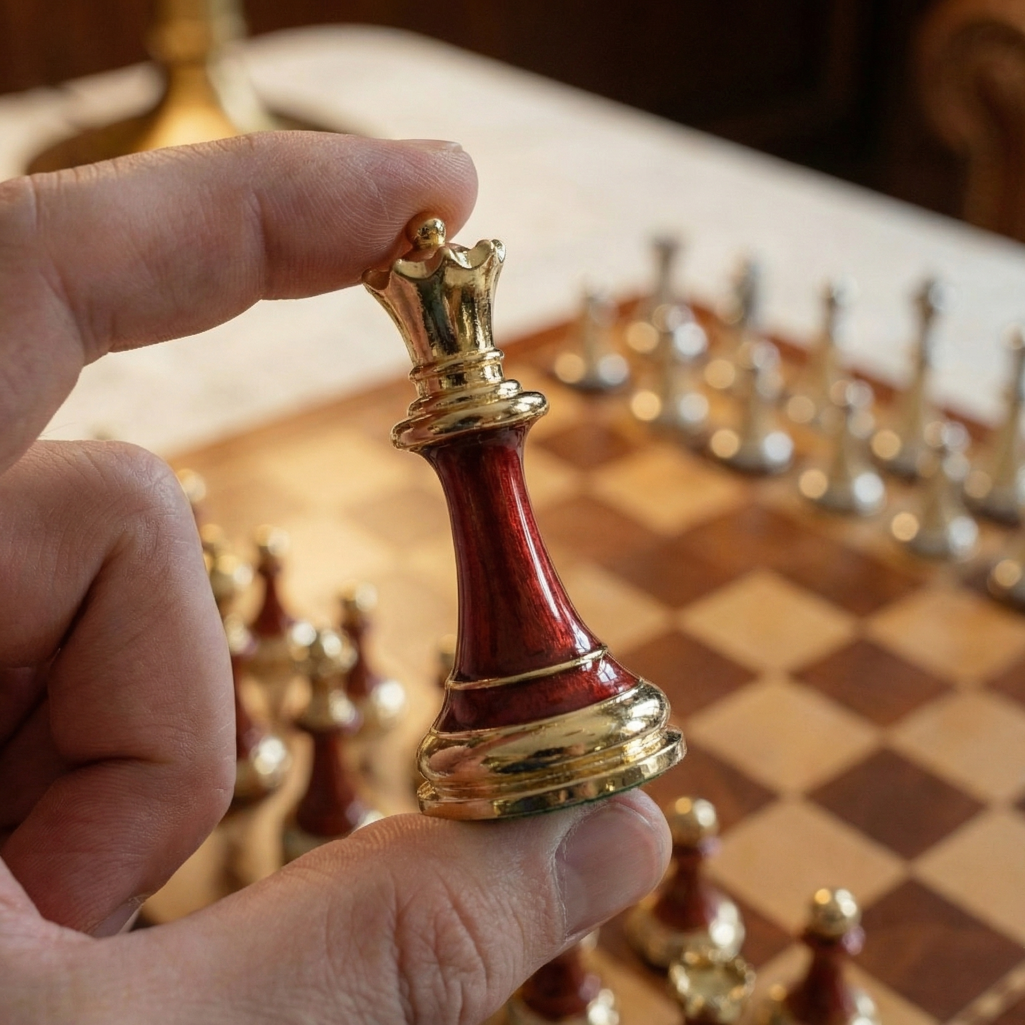 Jeu d'échecs en bois d'ébène avec rangement sous plateau